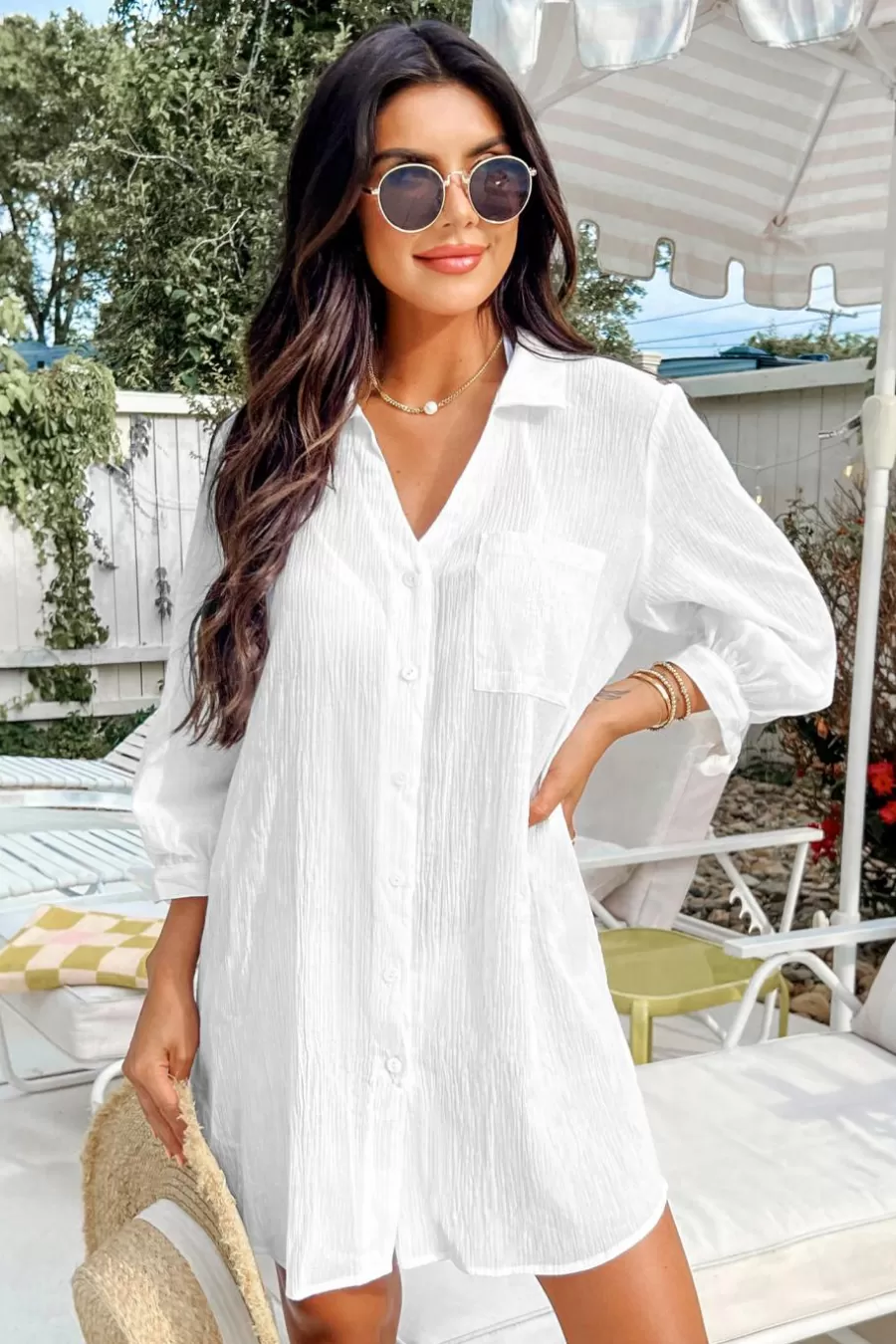 Cupshe Robe De Plage*Robe Cover Up En Pur Coton à Poignet Noué En Seersucker Blanc