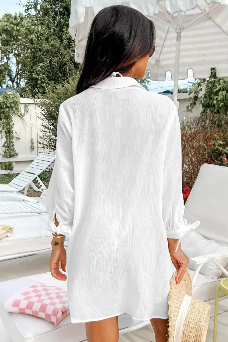 Cupshe Robe De Plage*Robe Cover Up En Pur Coton à Poignet Noué En Seersucker Blanc