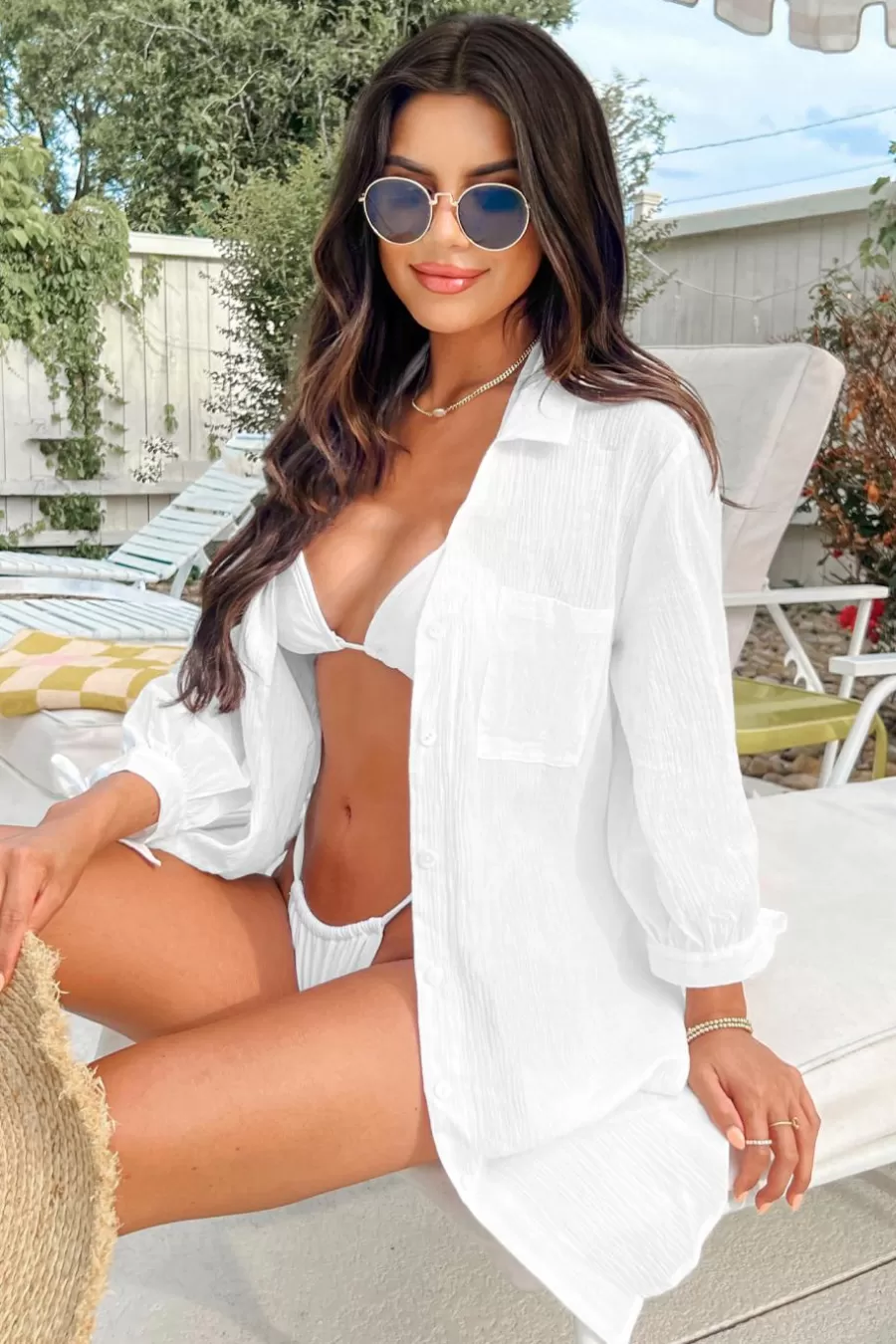 Cupshe Robe De Plage*Robe Cover Up En Pur Coton à Poignet Noué En Seersucker Blanc