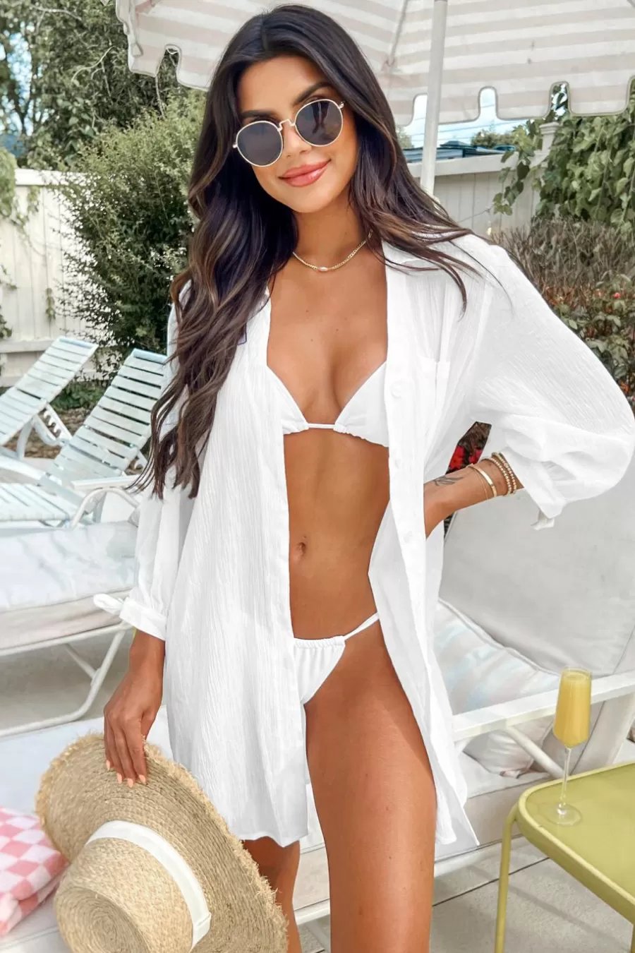 Cupshe Robe De Plage*Robe Cover Up En Pur Coton à Poignet Noué En Seersucker Blanc