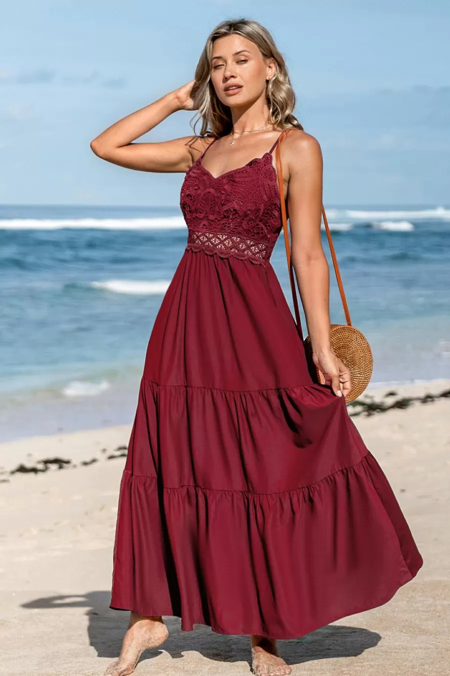 Cupshe Robe De Plage | Robe Trapèze*Robe Longue à Col En V En Dentelle Et Corset Cramoisie Rouge