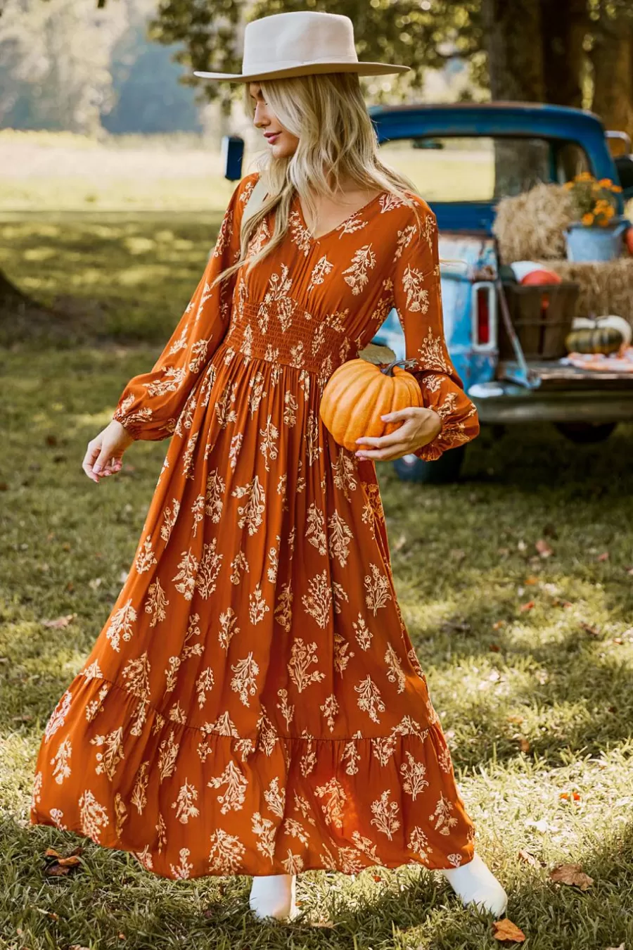 Cupshe Robe De Plage | Robe Trapèze*Robe Longue à Manches Blouson Avec Taille à Smocks Orange Brûlé Orange/Jaune