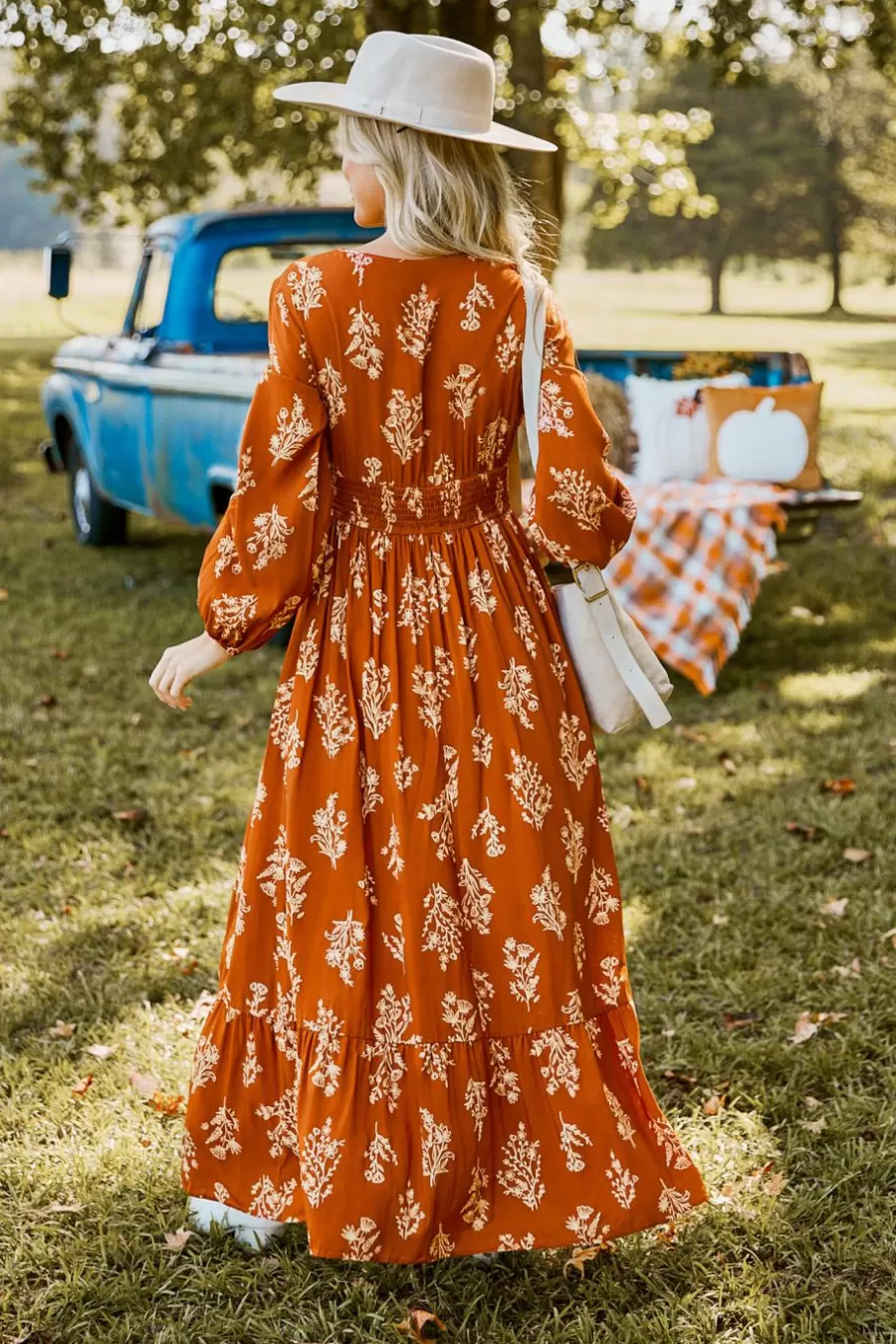 Cupshe Robe De Plage | Robe Trapèze*Robe Longue à Manches Blouson Avec Taille à Smocks Orange Brûlé Orange/Jaune