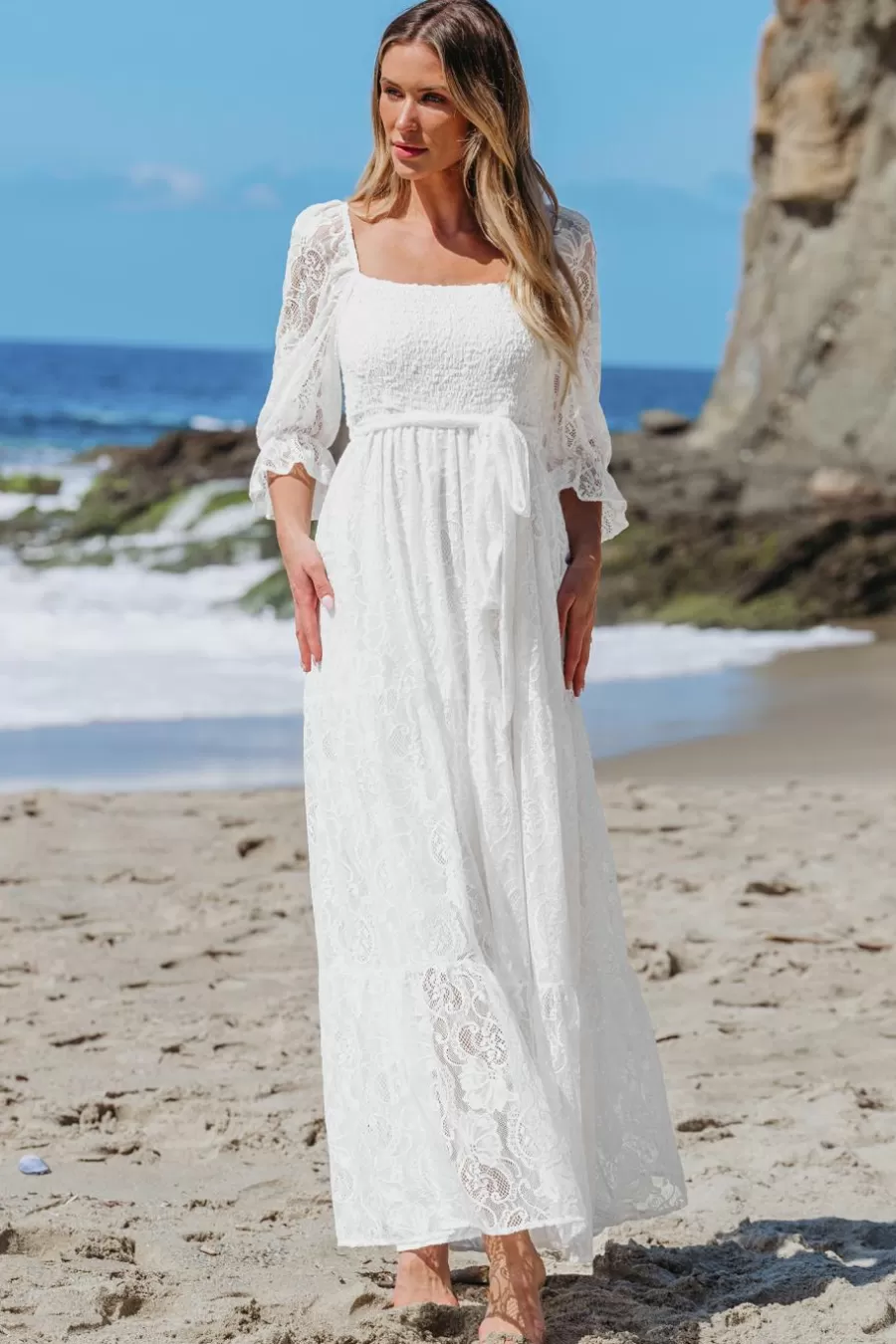 Cupshe Robe Longue*Robe Maxi à Col Carré Et Manches De Poète En Dentelle he Blanc