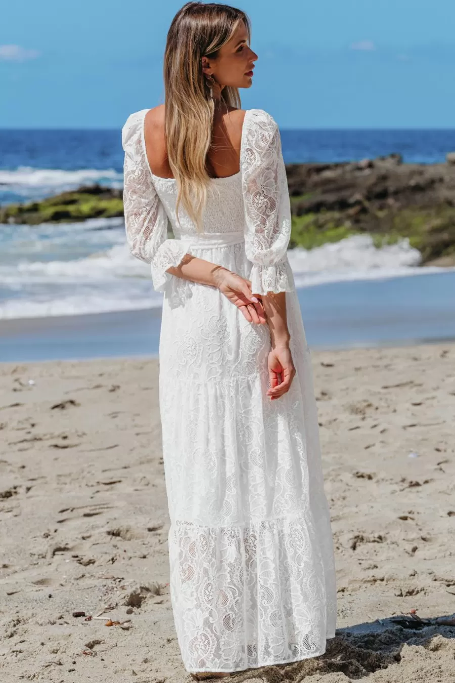 Cupshe Robe Longue*Robe Maxi à Col Carré Et Manches De Poète En Dentelle he Blanc