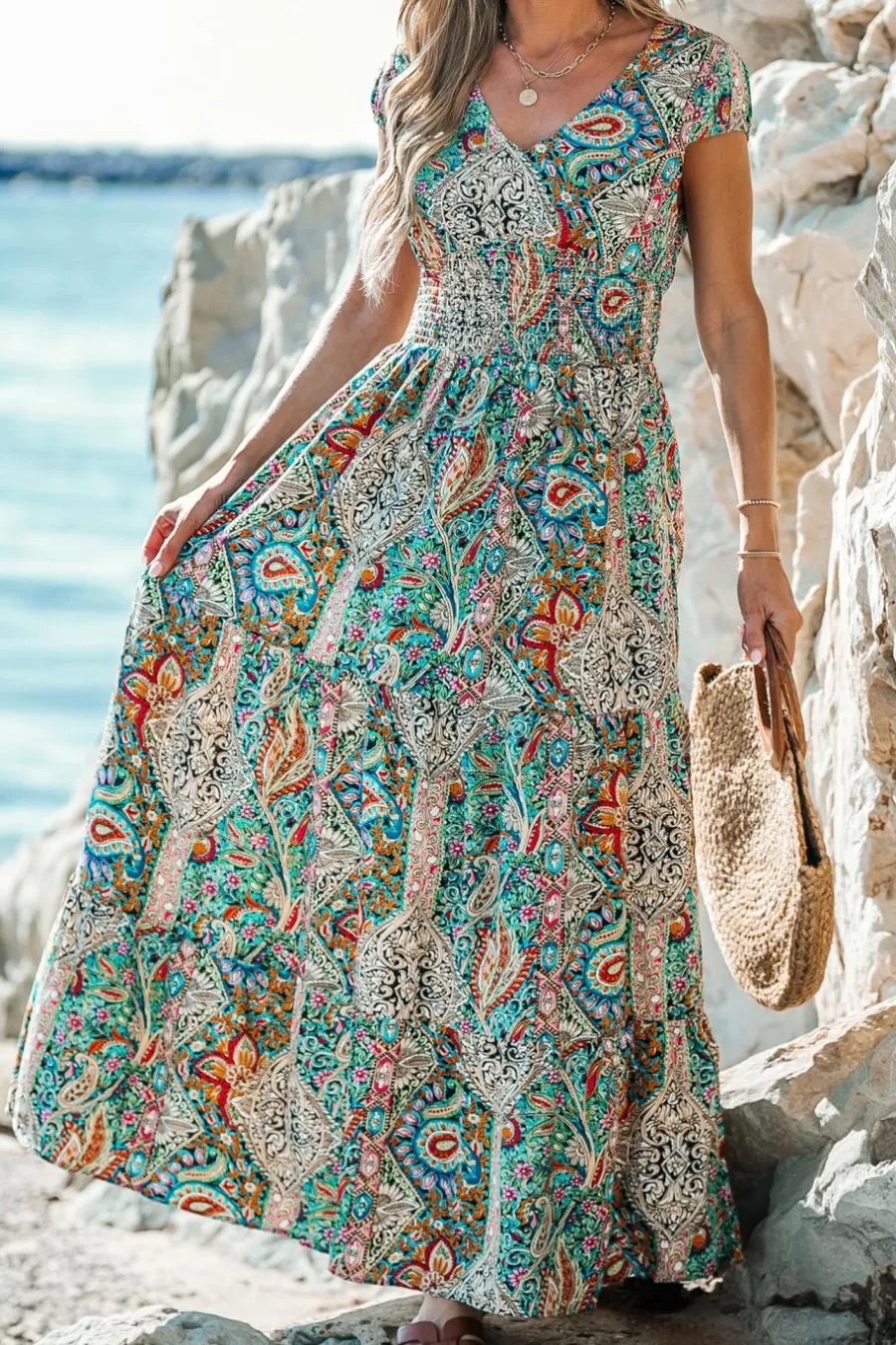 Cupshe Robe De Plage | Robe Trapèze*Robe Maxi à Col En V Et à Imprimé Paisley Multicolore