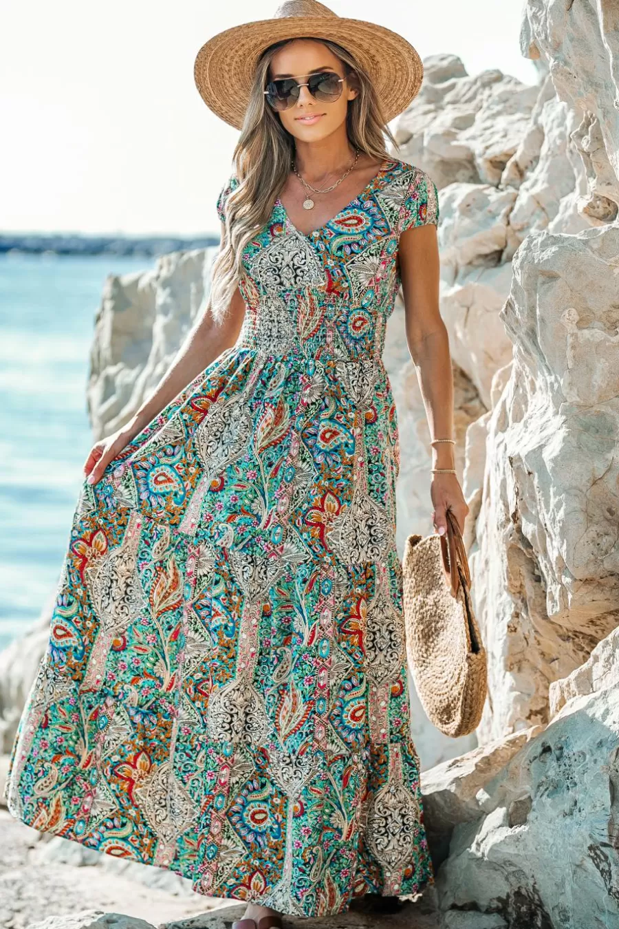 Cupshe Robe De Plage | Robe Trapèze*Robe Maxi à Col En V Et à Imprimé Paisley Multicolore