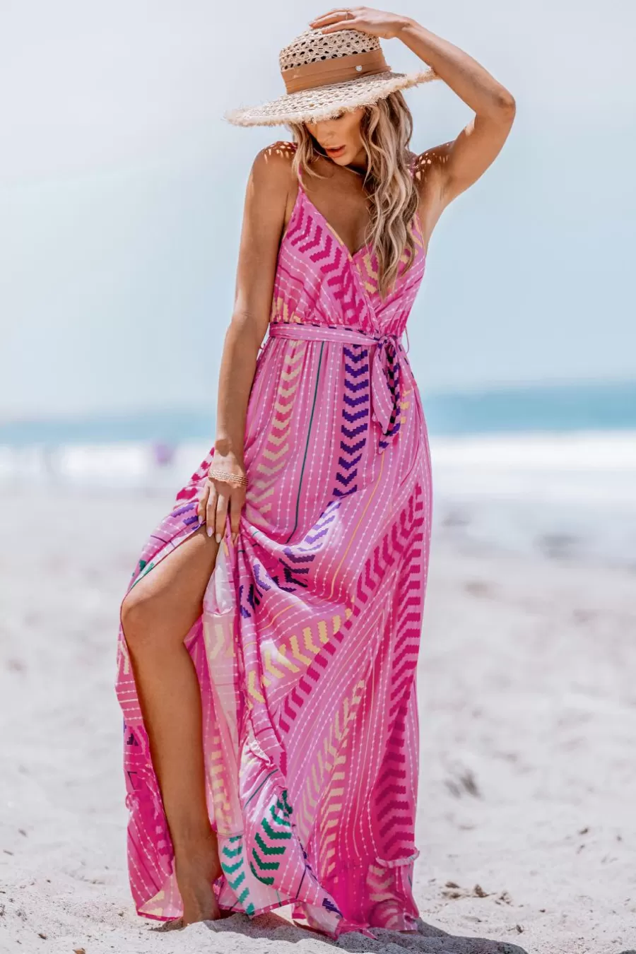 Cupshe Robe De Plage | Robe Trapèze*Robe Maxi à Col En V Et Ceinture Rose