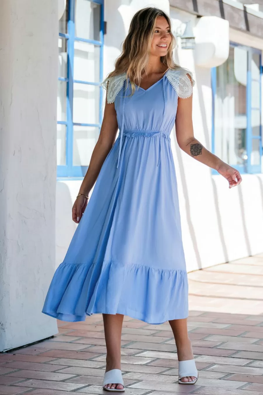 Cupshe Robe De Plage | Robe Trapèze*Robe Maxi à Col Fendu Et Manches En Dentelle Bleu Ciel Azur