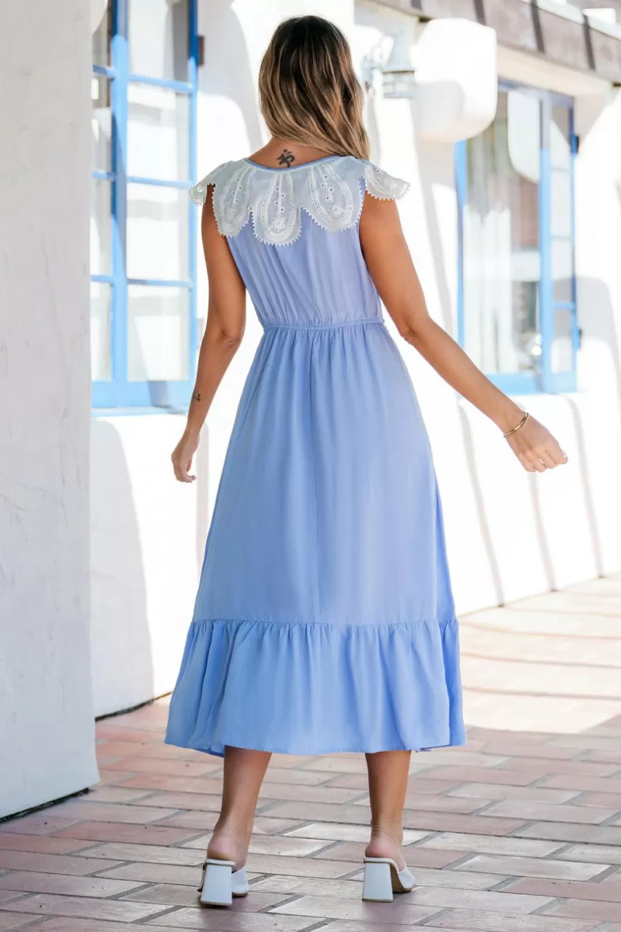 Cupshe Robe De Plage | Robe Trapèze*Robe Maxi à Col Fendu Et Manches En Dentelle Bleu Ciel Azur