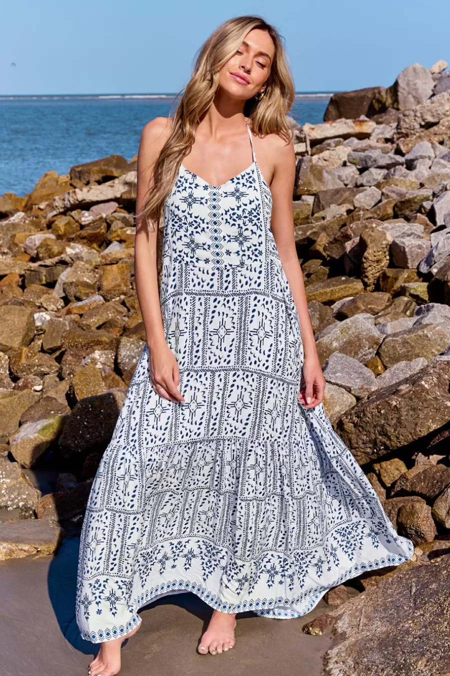 Cupshe Robe De Plage | Robe Trapèze*Robe Maxi à Col Licou Et Imprimé Géométrique e Bleu