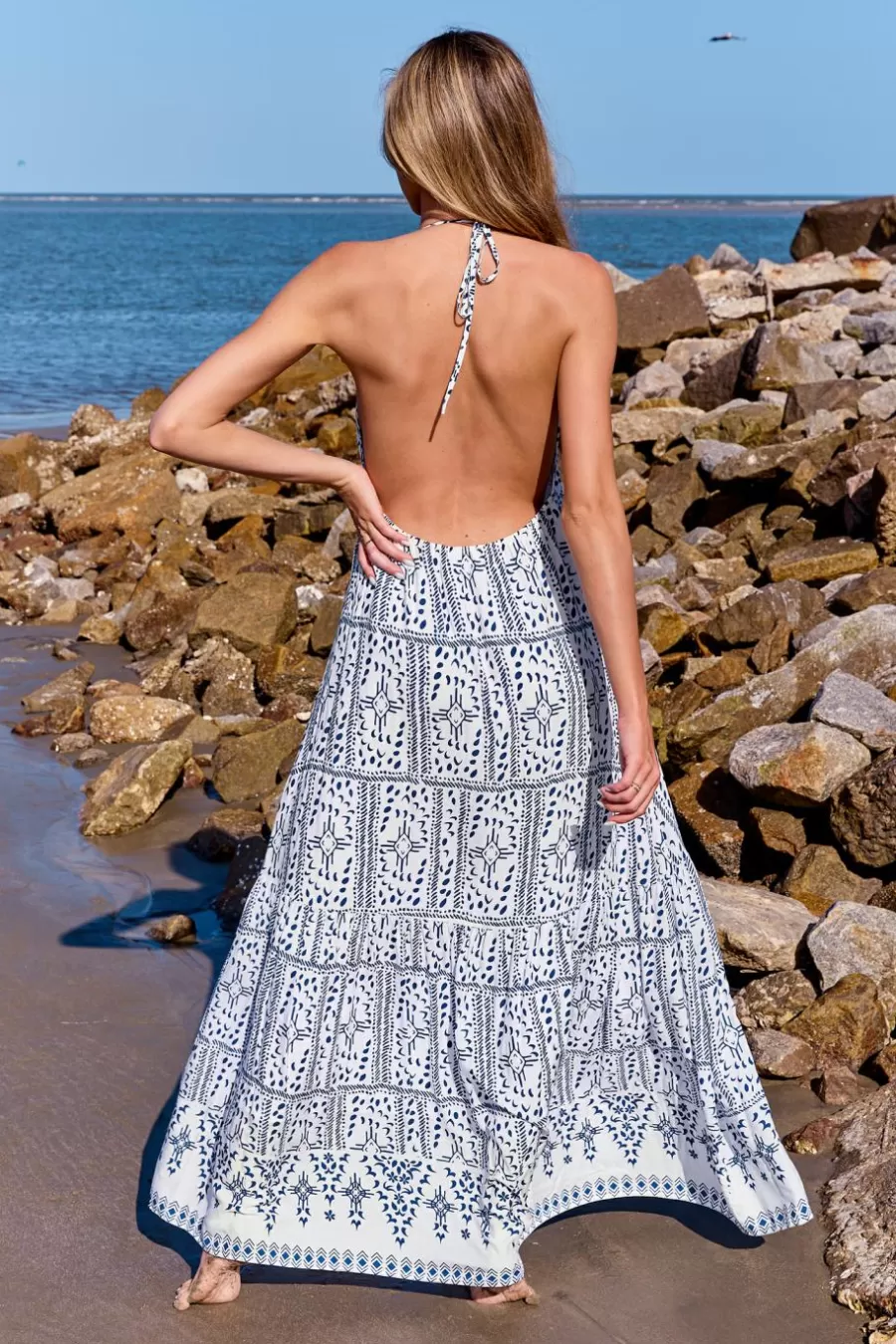 Cupshe Robe De Plage | Robe Trapèze*Robe Maxi à Col Licou Et Imprimé Géométrique e Bleu