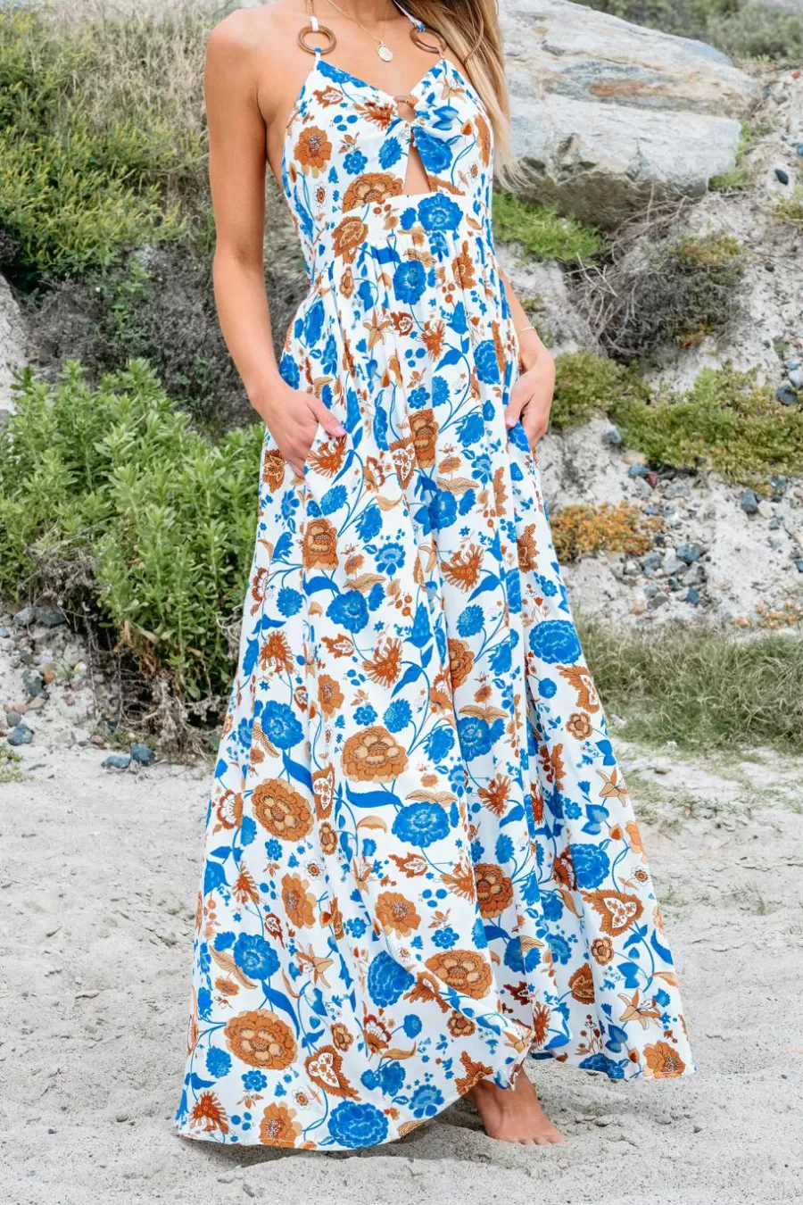 Cupshe Robe De Plage | Robe Trapèze*Robe Maxi Avec Col En V Et Joint Torique à Imprimé Floral Bleu