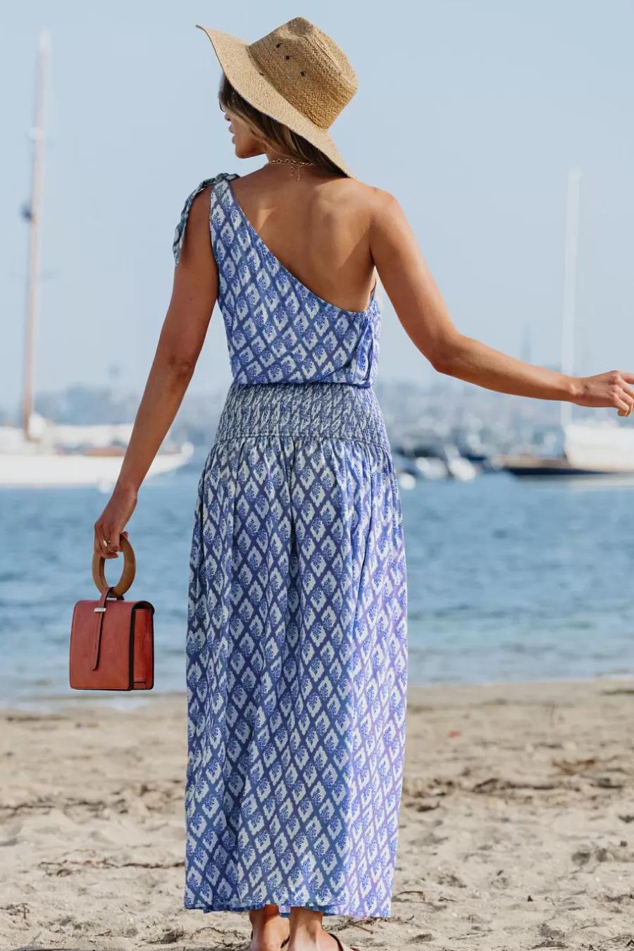 Cupshe Robe De Plage | Robe Trapèze*Robe Maxi Avec Taille à Smocks Et Une épaule à Fleurs Bleu