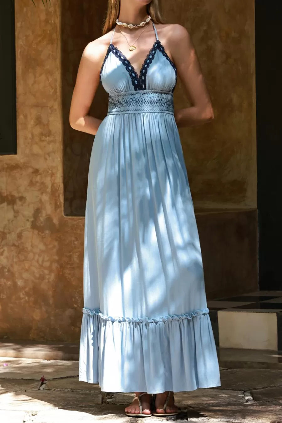 Cupshe Robe De Plage | Robe Trapèze*Robe Maxi En Dentelle à Col En V Bleu Ciel Azur