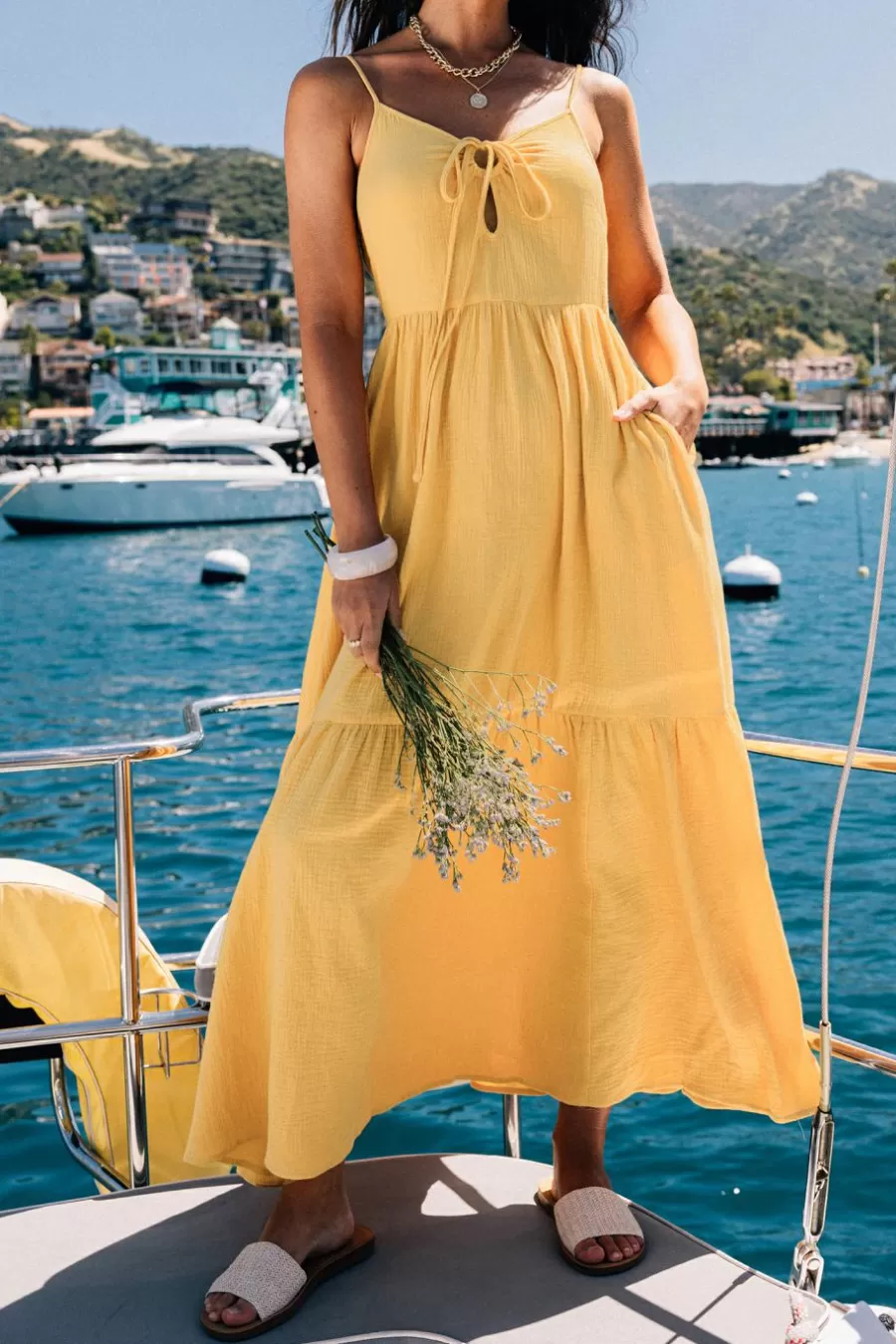 Cupshe Robe De Plage | Robe Trapèze*Robe Maxi En Pur Coton à Col Rond Et Bretelles Jaune Moutarde