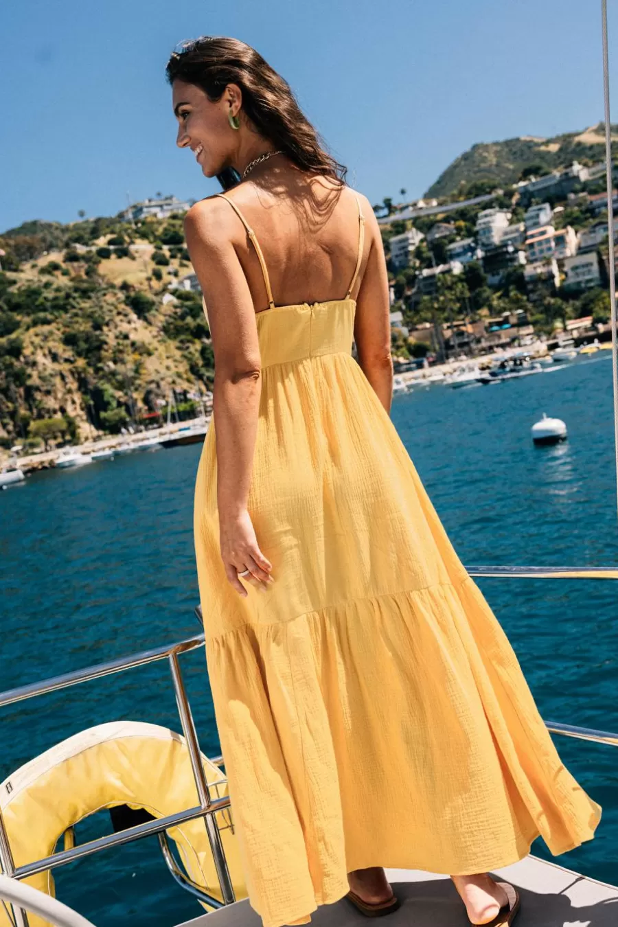 Cupshe Robe De Plage | Robe Trapèze*Robe Maxi En Pur Coton à Col Rond Et Bretelles Jaune Moutarde