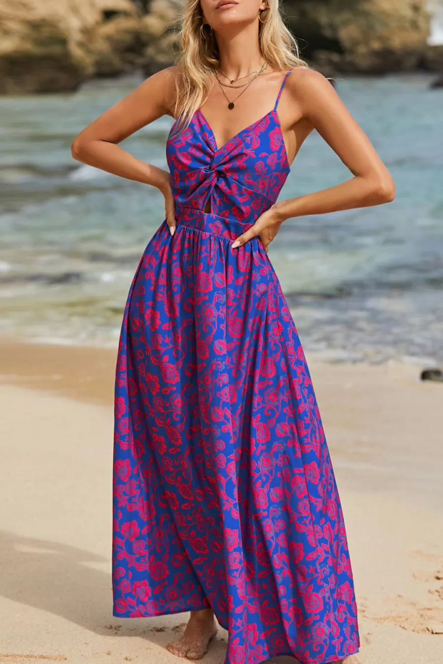 Cupshe Robe De Plage | Robe Trapèze*Robe Maxi Florale à Col En V Avec Nœud Bleu royal