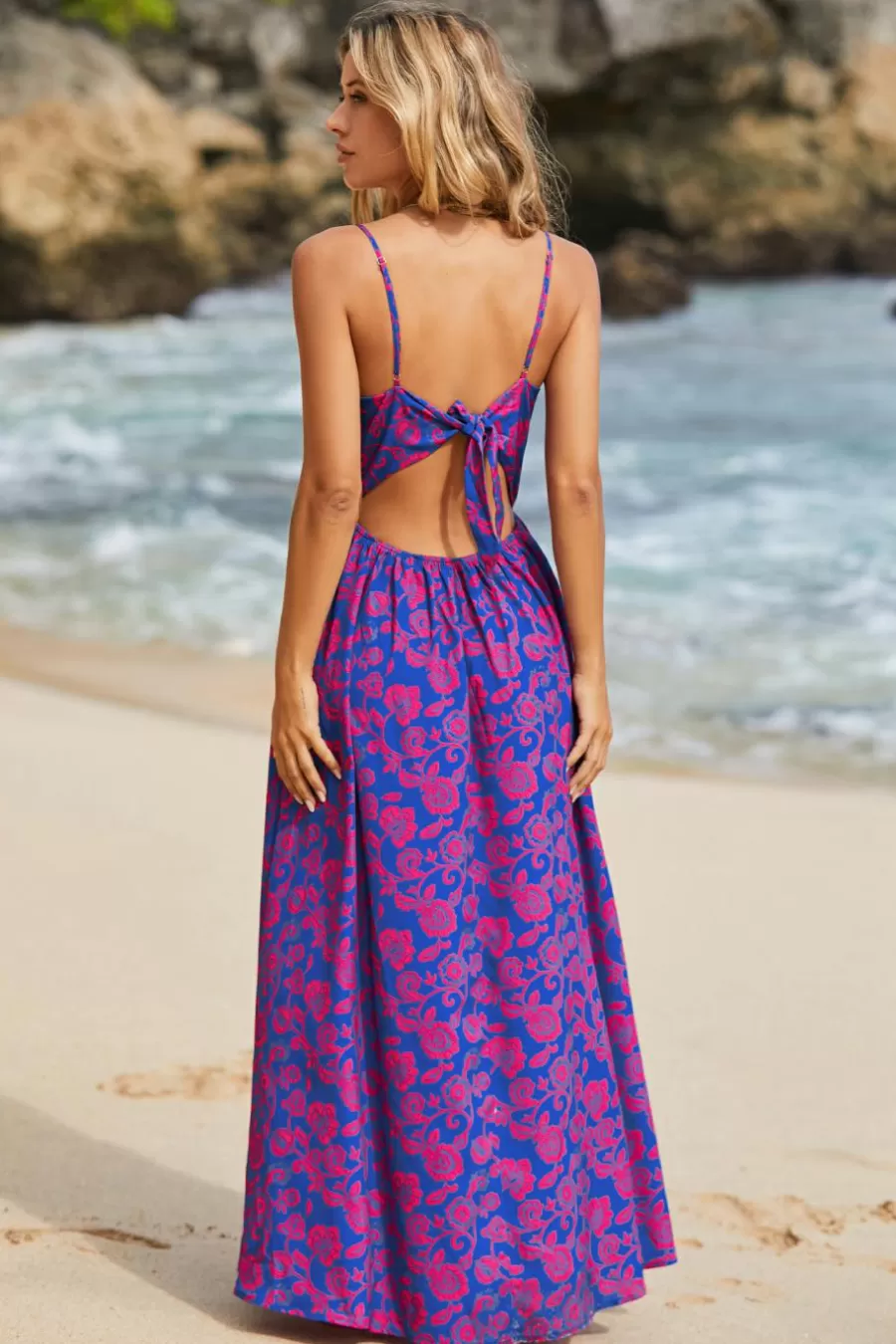 Cupshe Robe De Plage | Robe Trapèze*Robe Maxi Florale à Col En V Avec Nœud Bleu royal