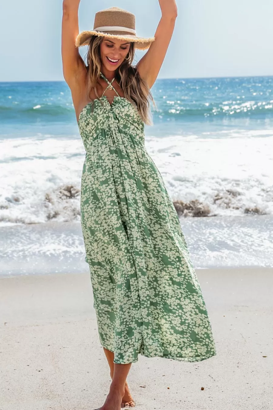 Cupshe Robe De Plage | Robe Longue*Robe Maxi Florale à Col Licou Vert clair