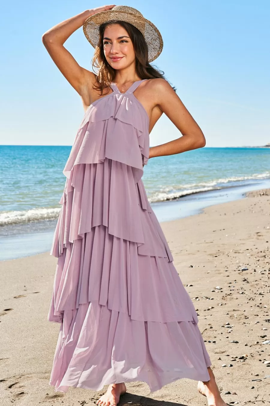 Cupshe Robe De Plage | Robe Courte*Robe Maxi Sans Manches à Volants Superposés Rose