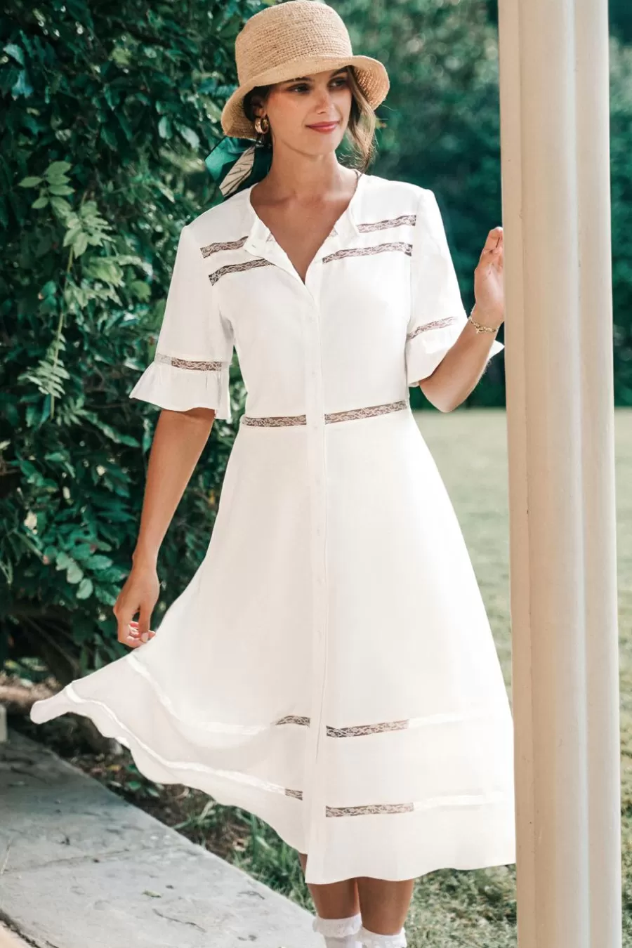 Cupshe Robe De Plage | Robe Trapèze*Robe Midi he à Manches évasées Et Boutons En Dentelle Blanc