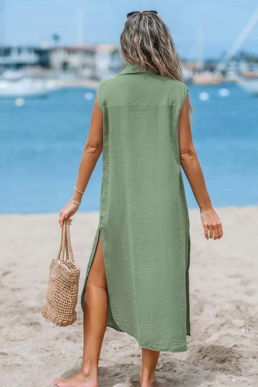Cupshe Robe De Plage*Robe Midi En Lin Avec Col De Chemise En V Sans Manches e Vert