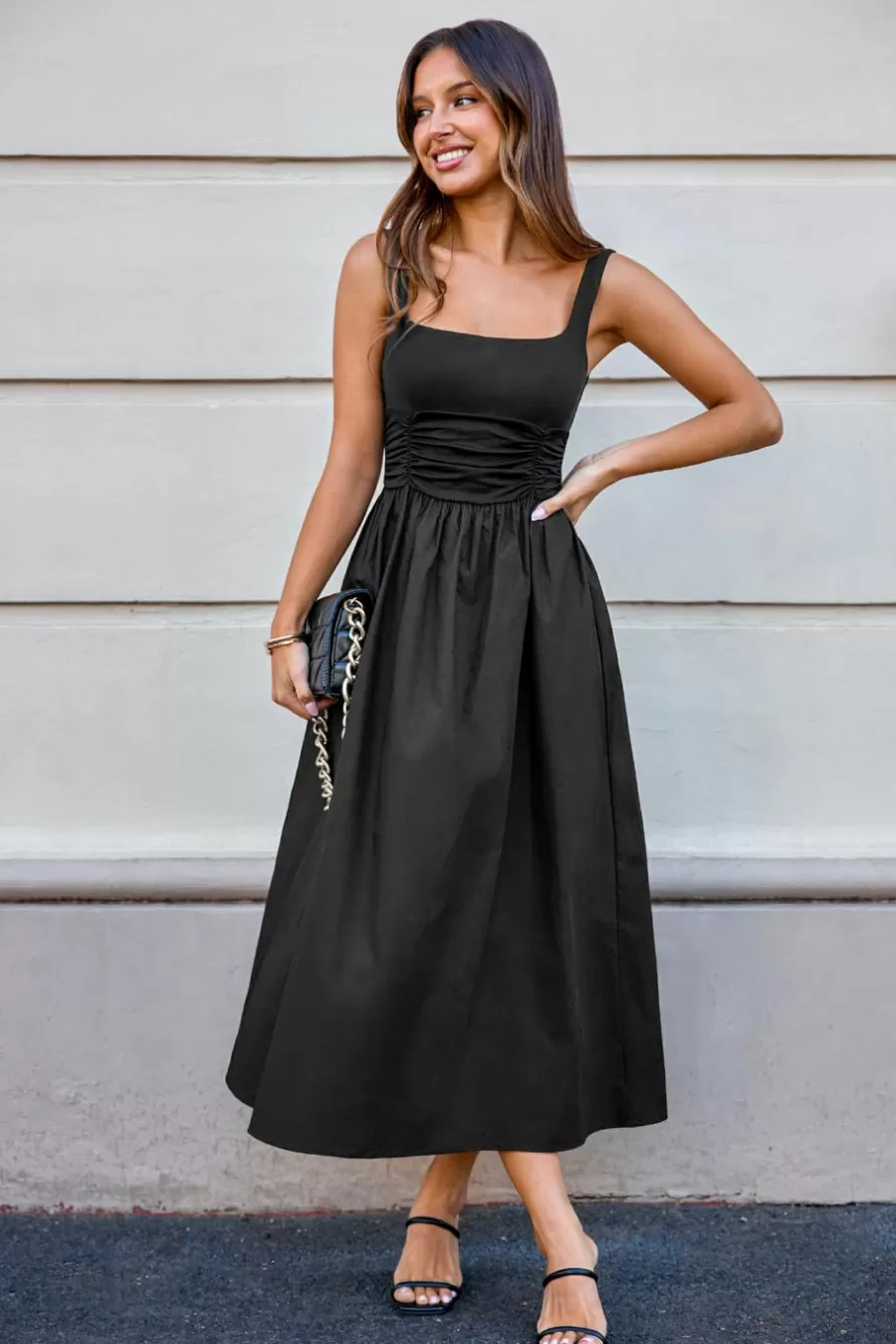 Cupshe Robe Trapèze | Robe Longue*Robe Midi Sans Manches à Col Carré Et Taille Froncée Noir