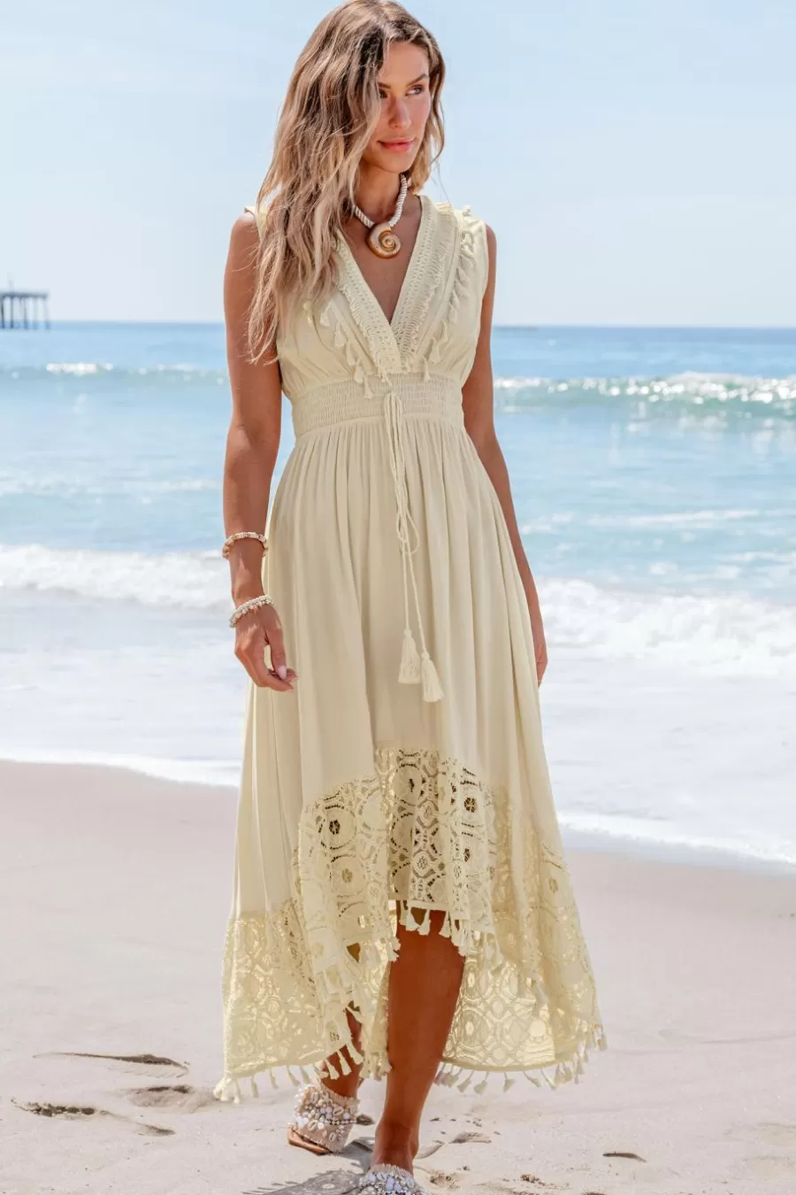 Cupshe Robe De Plage | Robe Trapèze*Robe Midi Sans Manches En Dentelle Et Glands Beige