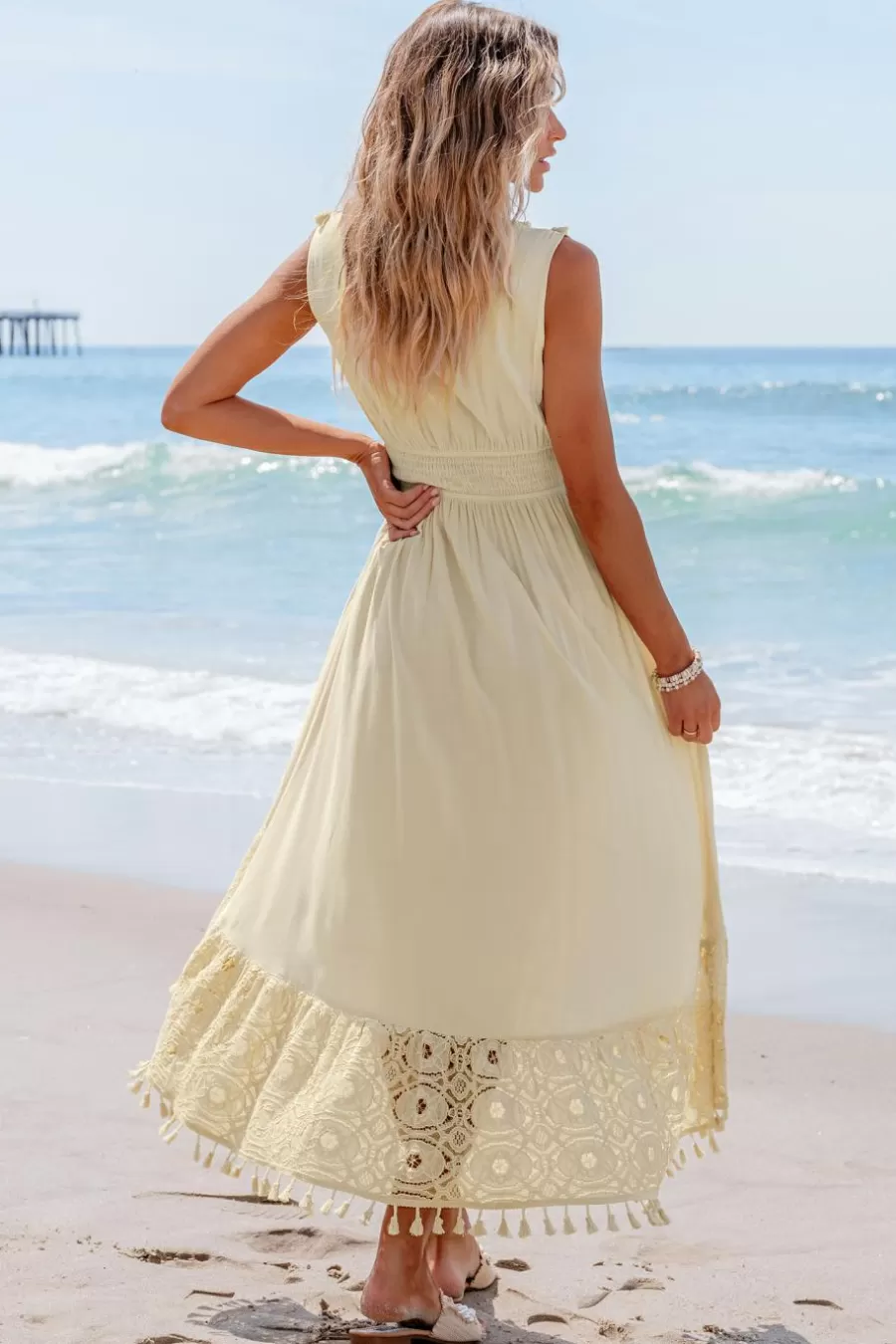 Cupshe Robe De Plage | Robe Trapèze*Robe Midi Sans Manches En Dentelle Et Glands Beige