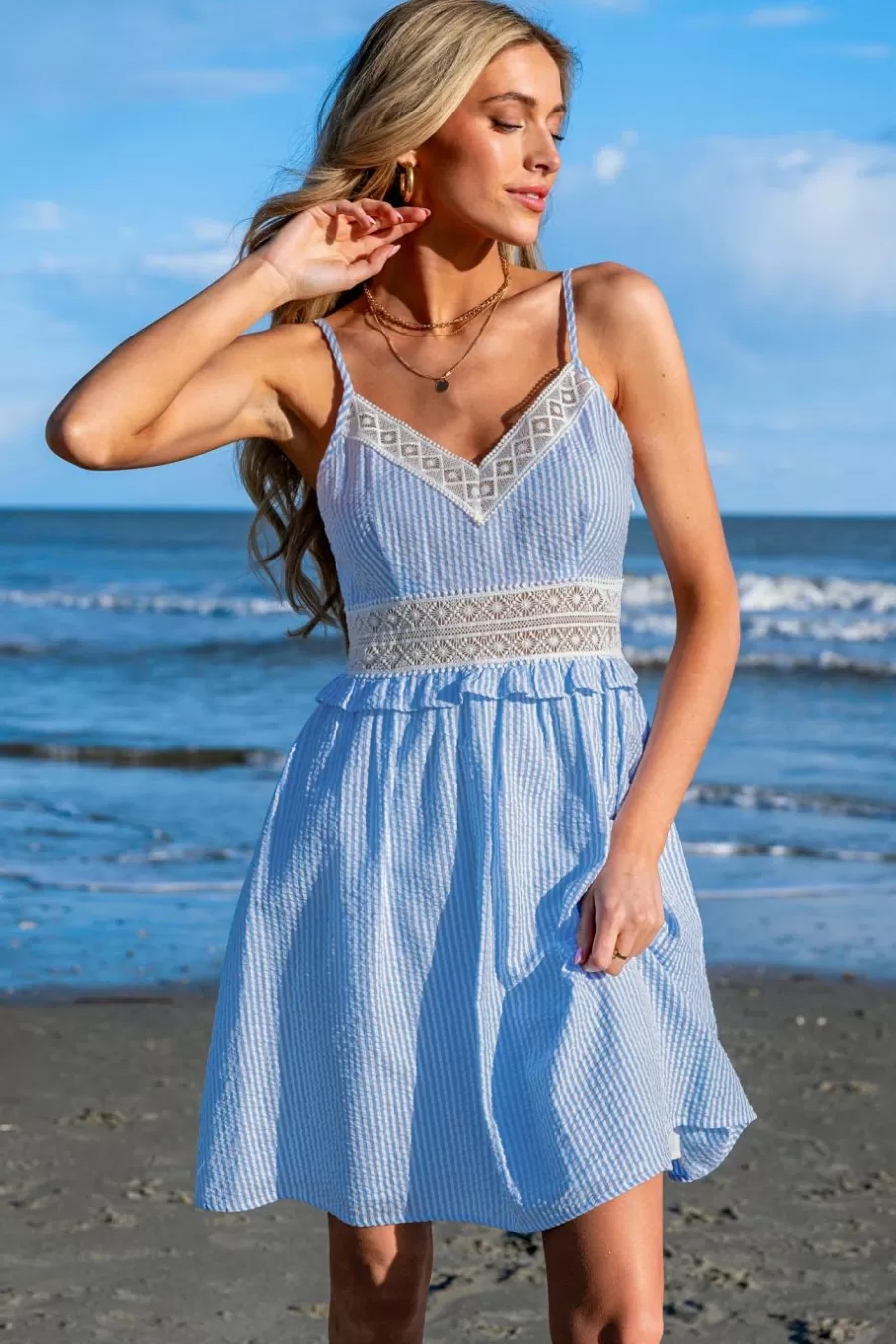 Cupshe Robe De Plage | Robe Courte*Robe Mini à Volants En Dentelle à Rayures Bleues Et Blanches Bleu clair