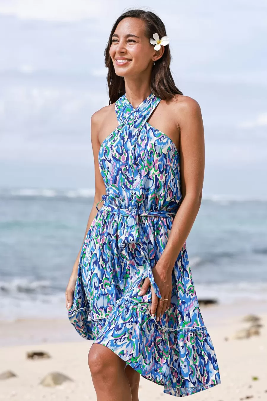 Cupshe Robe De Plage | Robe Courte*Robe Mini Avec Ceinture Et Imprimé Aquarelle Bleu