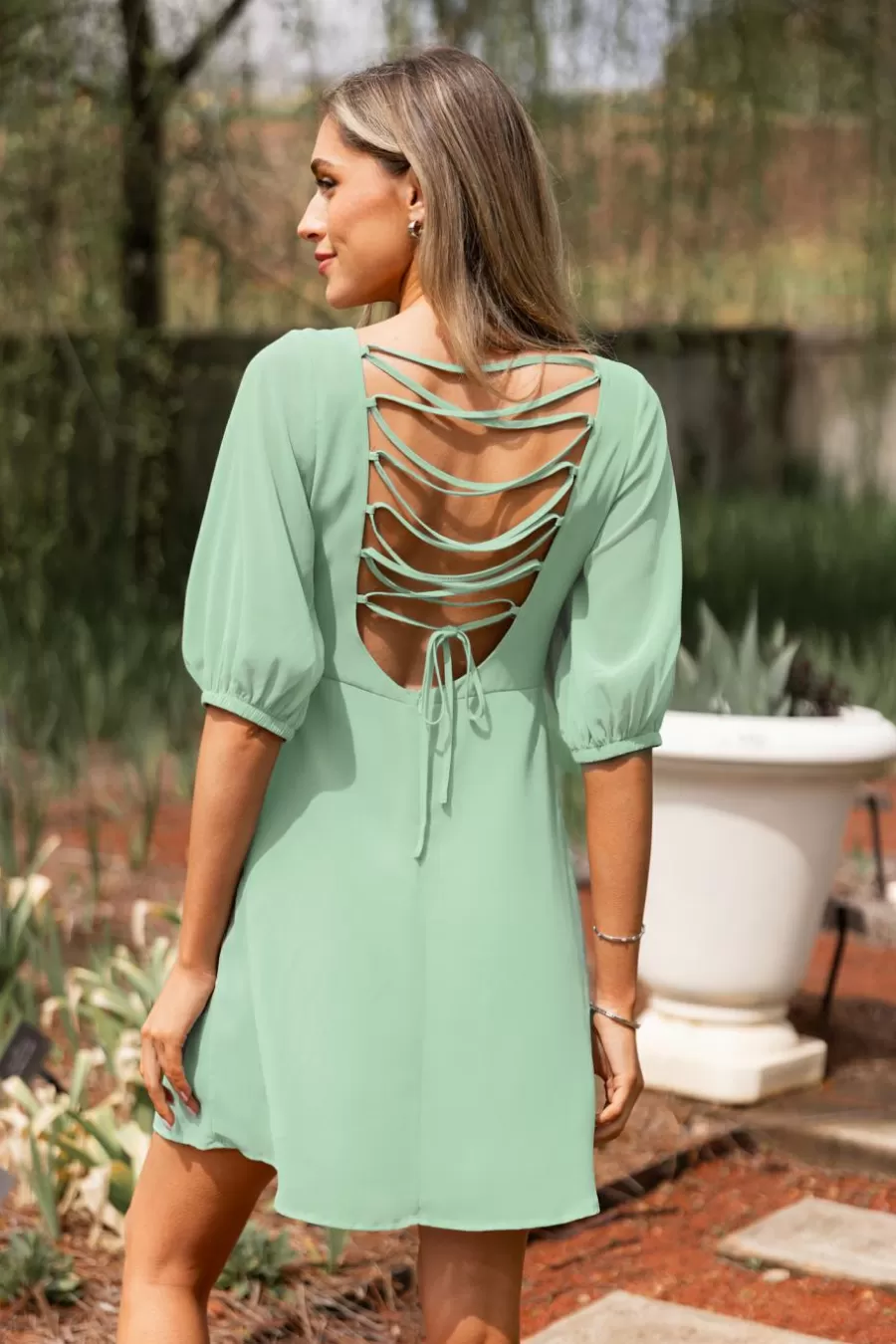 Cupshe Robe De Plage | Robe Courte*Robe Mini Avec Manches Blouson Et Dos à Lacer Vert clair