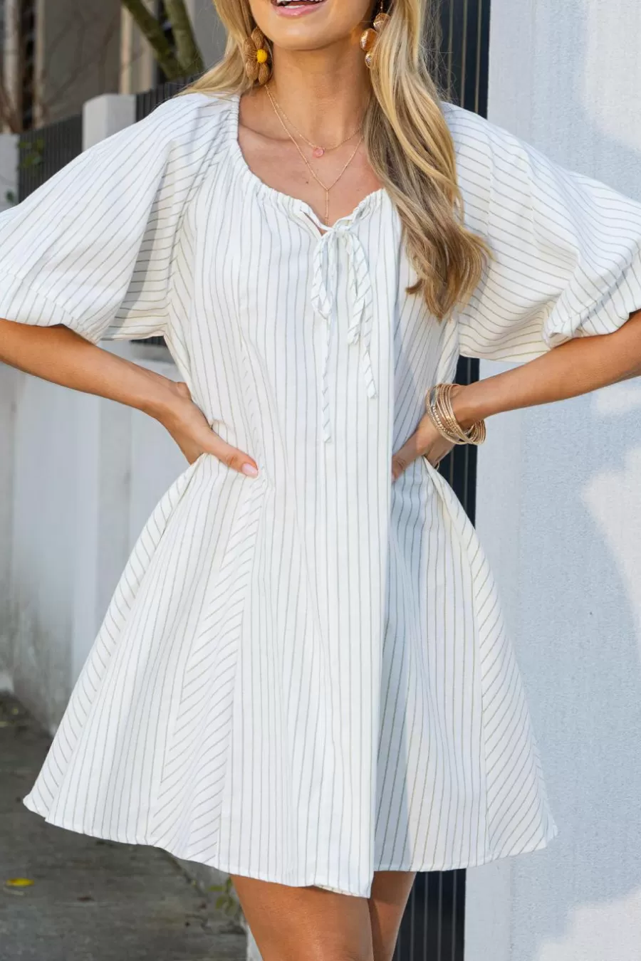 Cupshe Robe De Plage | Robe Courte*Robe Mini Avec Manches Bouffantes à Rayures Verte Et he Blanc