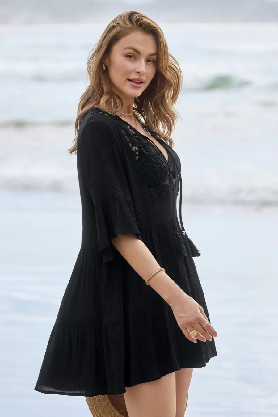 Cupshe Robe De Plage*Robe Mini Cover Up Demi-manches Et Glands e Noir