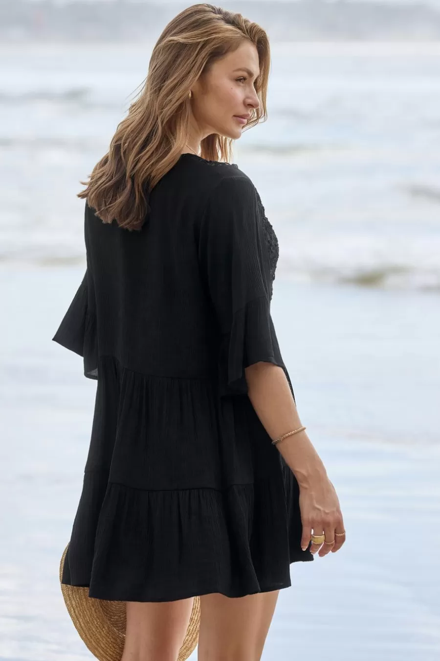 Cupshe Robe De Plage*Robe Mini Cover Up Demi-manches Et Glands e Noir