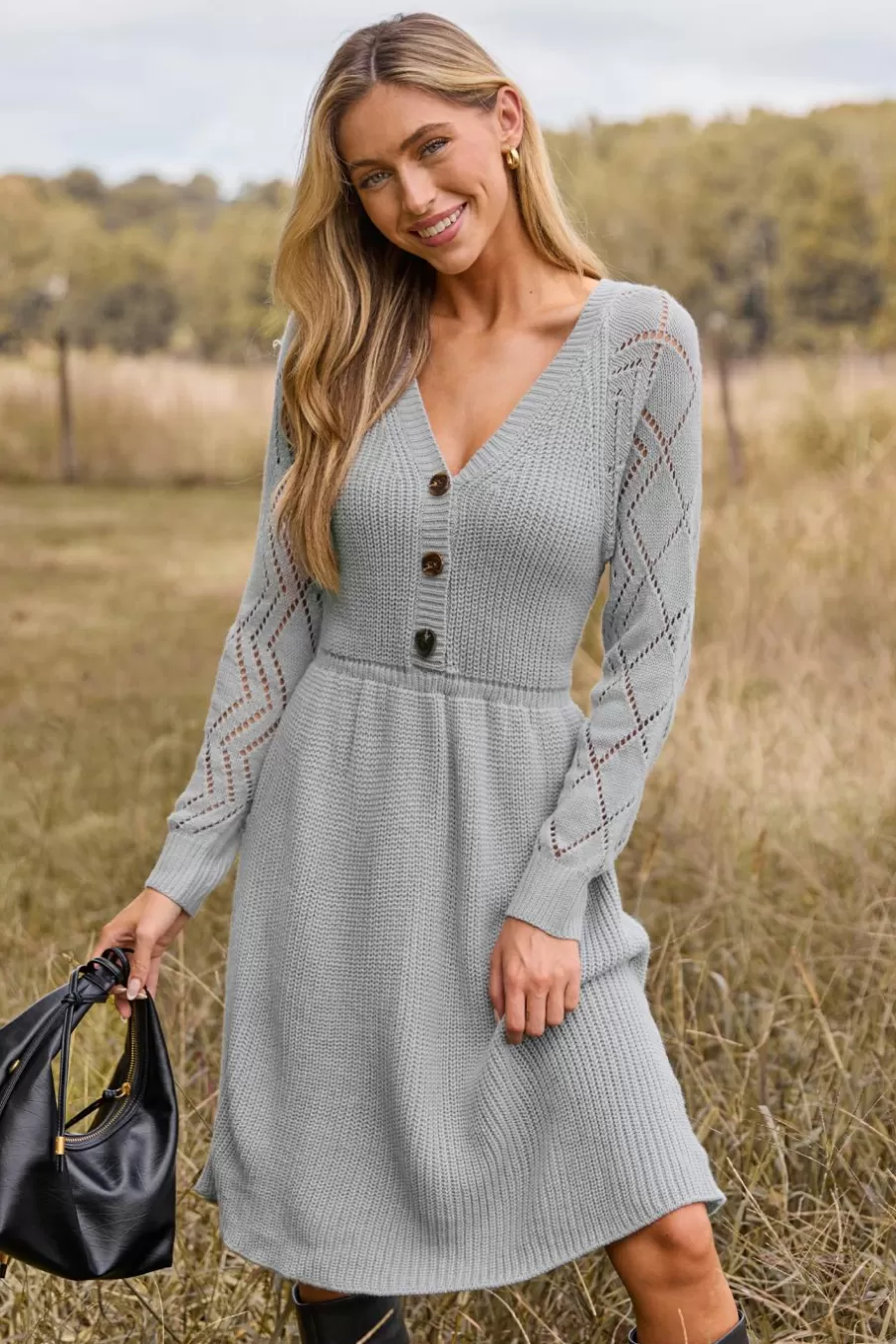 Cupshe Robe Pull | Pulls & Gilets*Robe Pull à Col En V Et à Manches Longues Gris