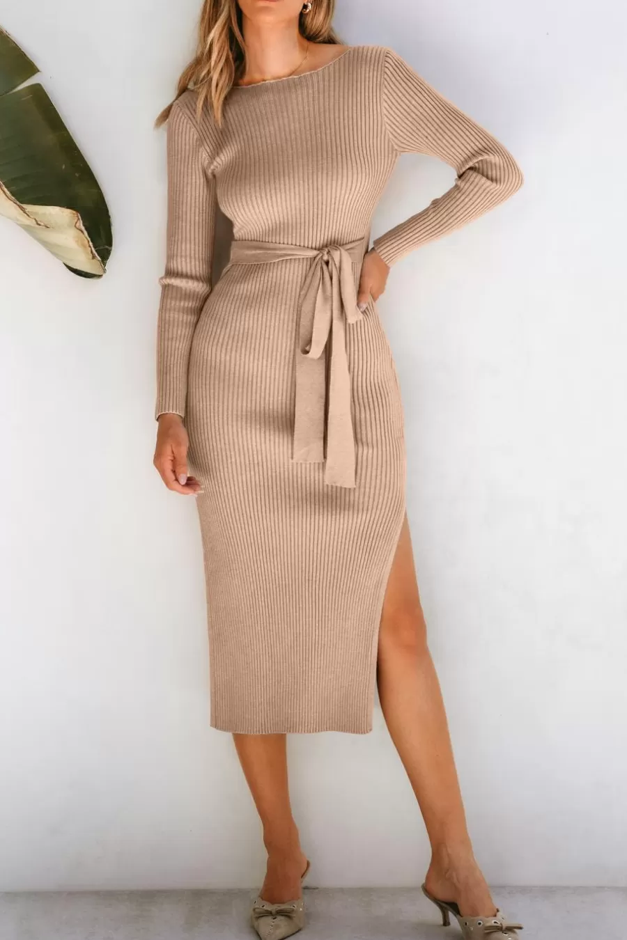Cupshe Robe Pull | Pulls & Gilets*Robe Pull En Tricot Côtelé à Col Bateau Et Manches Longues Kaki