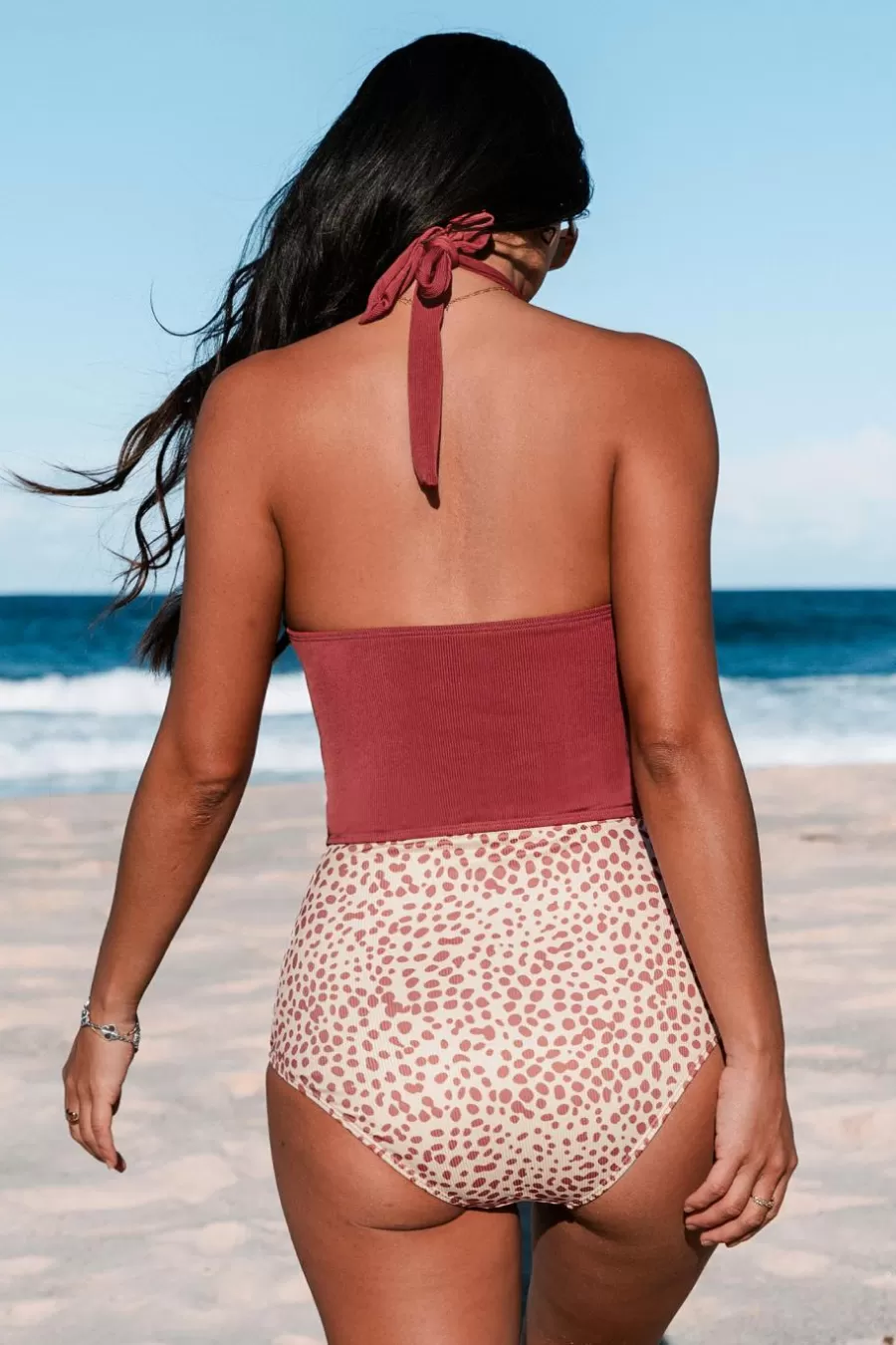 Cupshe Maillot 1 Pièce | Ventre Plat*Tankini à Col Licou Rouge Et Bas Taille Haute à Pois Brique