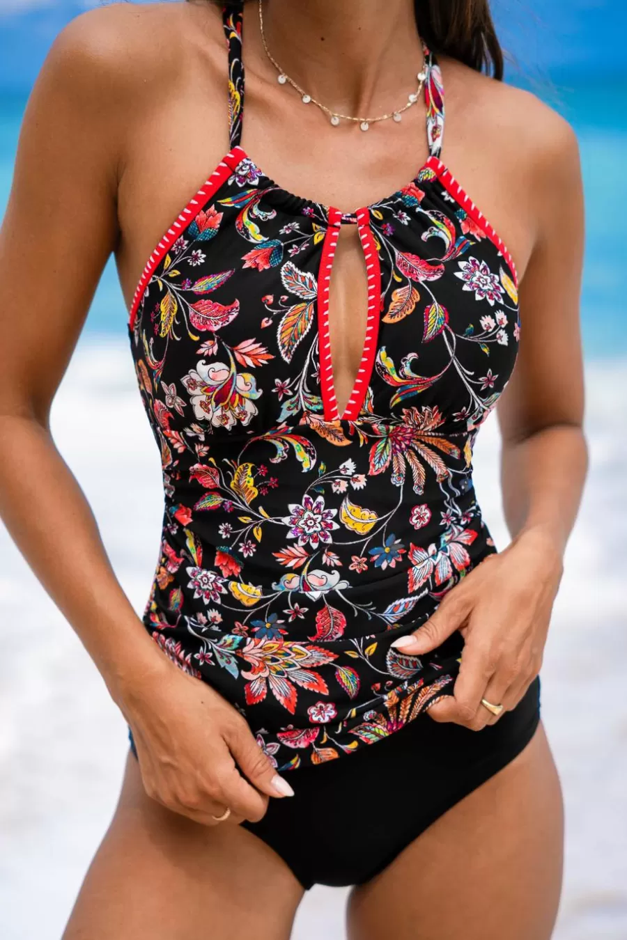 Cupshe Maillot 1 Pièce | Ventre Plat*Tankini Découpé à Fleurs Et Bas Standard Noir