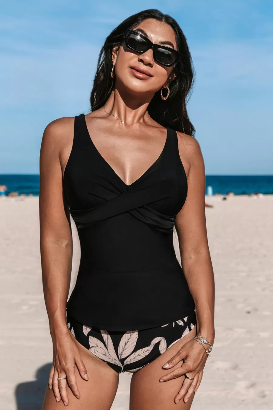 Cupshe Maillot 1 Pièce | Ventre Plat*Tankini Taille Moyenne à Emballage Tropical Noir