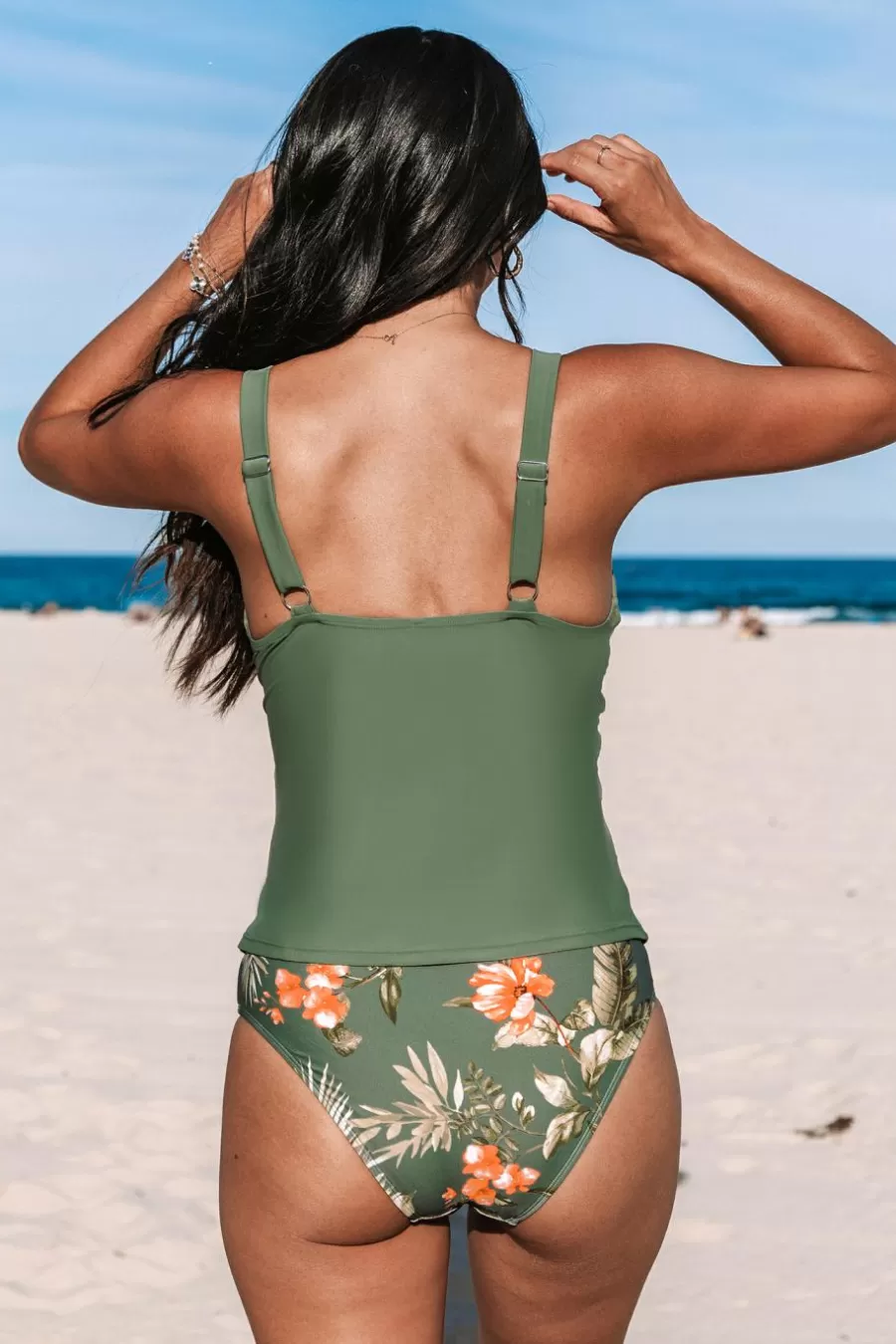 Cupshe Maillot 1 Pièce | Ventre Plat*Tankini Taille Moyenne Ruché Tropical Vert Eucalyptus