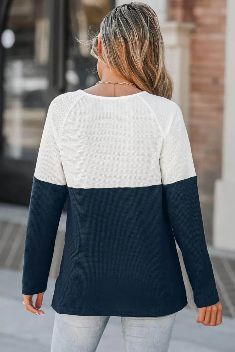 Cupshe T-Shirt & Débardeur | Chemise & Blouse*T-shirt à Manches Longues Et Col Rond Avec Blocs s Et Blancs Bleu