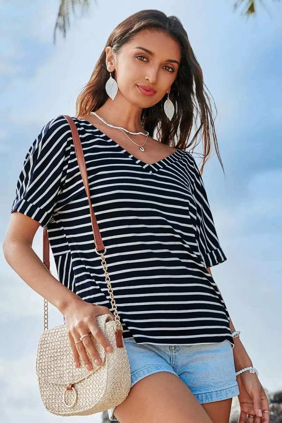 Cupshe T-Shirt & Débardeur | Chemise & Blouse*T-shirt Avec Col En V Et Nœud à Rayures Bleu marine