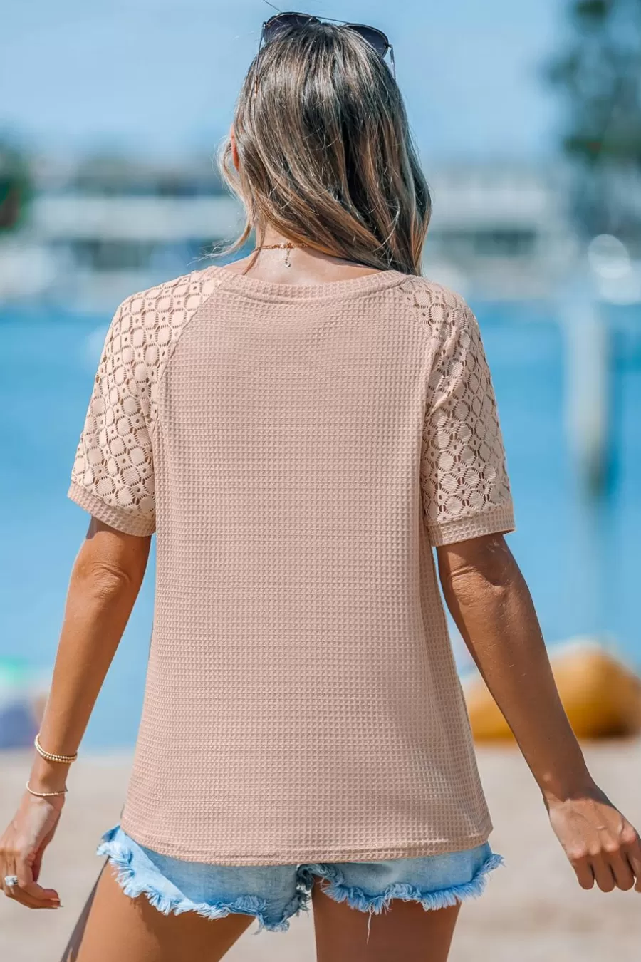 Cupshe Chemise & Blouse | Pulls & Gilets*T-shirt Torsadé En Tricot Gaufré à Manches En Dentelle Neutre
