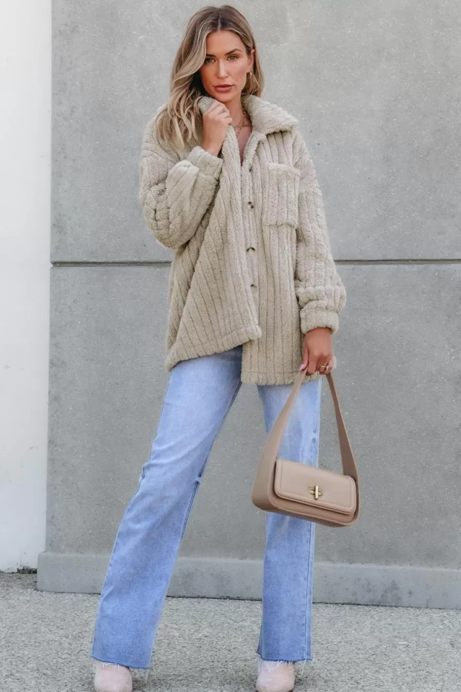 Cupshe Manteau & Veste*Veste Boutonnée à Manches Longues En Fausse Fourrure Taupe