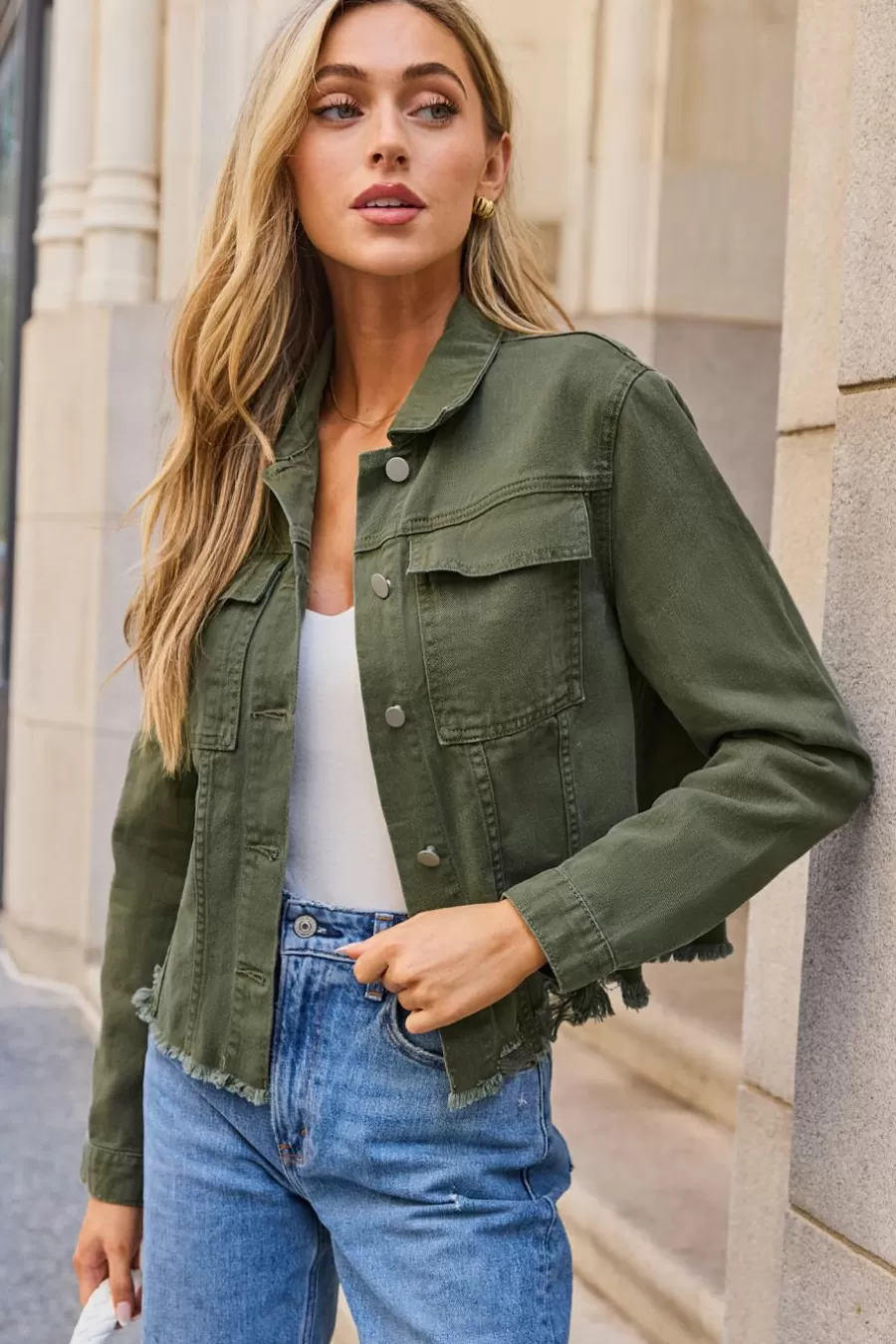 Cupshe Manteau & Veste*Veste En Coton à Manches Longues Et Ourlet Effiloché Verte Sauge Vert sauge